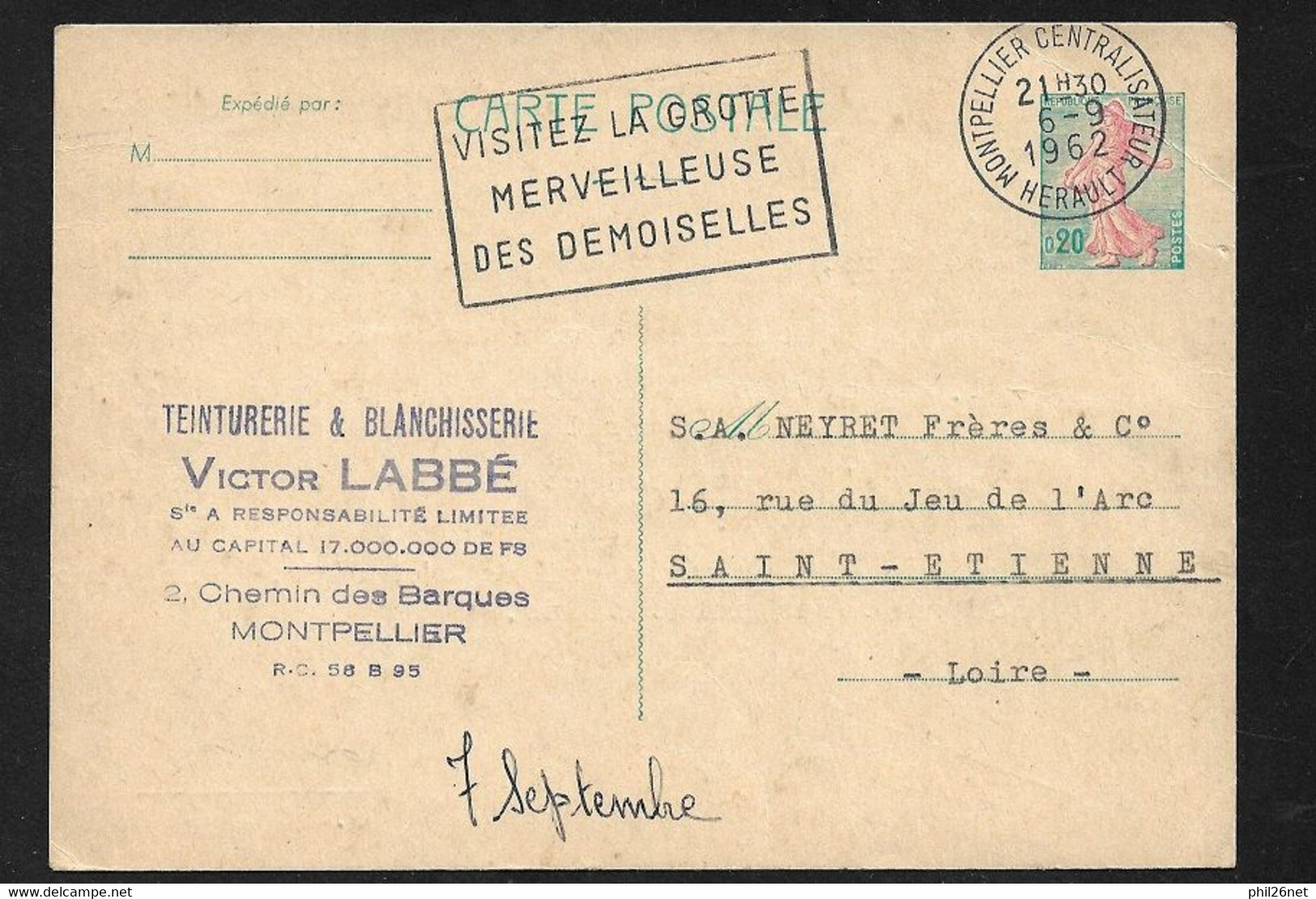 Entier CP N° 1233-CP1  V. LABBE Montpellier Le 6/9/1962 Flamme "Visitez La Grotte- Merveilleuse- Des Demoiselles  B/TB - Cartes Postales Types Et TSC (avant 1995)