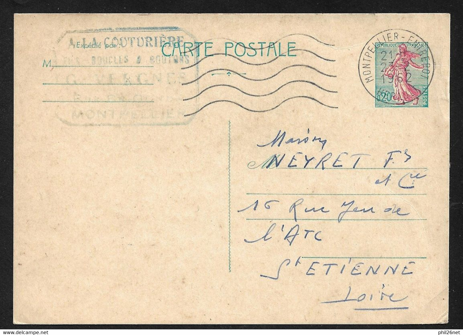 Entier CP N° 1233-CP1 "   A La Couturière" G. VERGNES De Montpellier Le  23/2/1962   B/TB - Cartes Postales Types Et TSC (avant 1995)