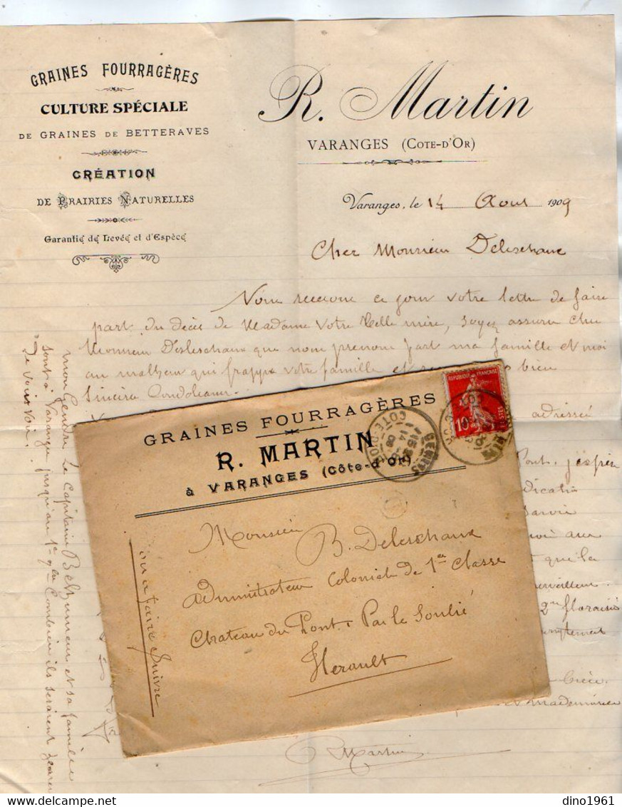 VP18.056 - Enveloppe & Lettre - Graines .... R. MARTIN à VARANGES Pour Mr De LESCHAUX Château Du Pont (SAINT PONS ) - Agriculture