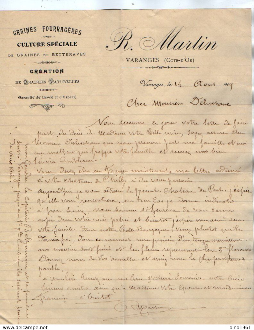 VP18.056 - Enveloppe & Lettre - Graines .... R. MARTIN à VARANGES Pour Mr De LESCHAUX Château Du Pont (SAINT PONS ) - Agriculture