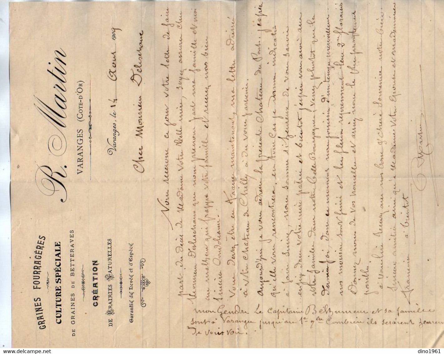 VP18.056 - Enveloppe & Lettre - Graines .... R. MARTIN à VARANGES Pour Mr De LESCHAUX Château Du Pont (SAINT PONS ) - Agriculture