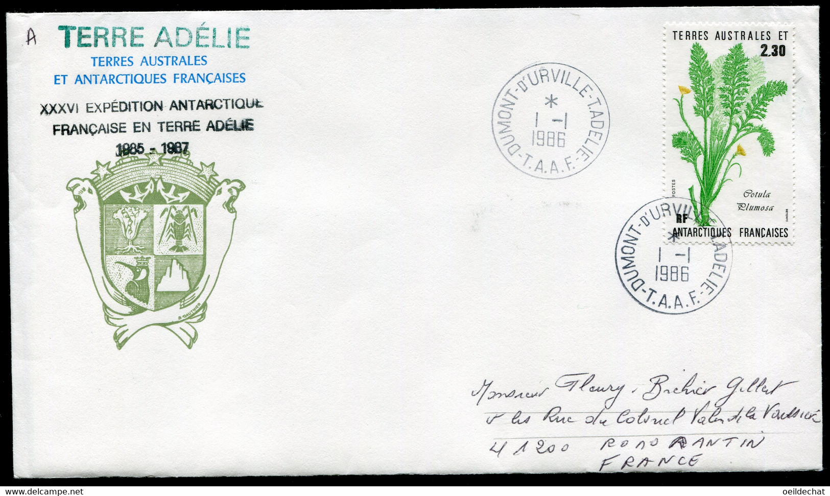 21419 T.A.A.F N°118° 2F30 Flore Antarctique : Cotula Plumosa Obl. Terre-Adélie Du 1.1.86  TB - Lettres & Documents