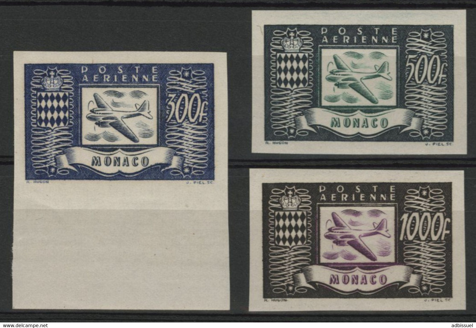 MONACO POSTE AERIENNE N° 42 à 44 Cote 270 € NON DENTELES Neufs ** (MNH). Avion Et Armoiries. - Posta Aerea