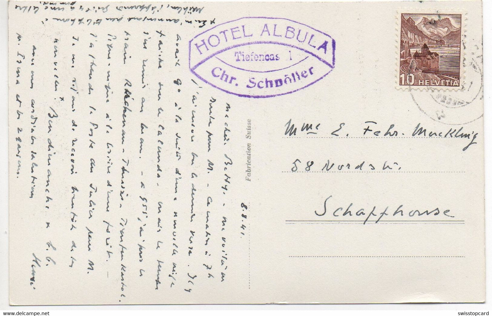TIEFENCASTEL Albulabahn Gel. 1941 Stempel Hotel Albula - Tiefencastel