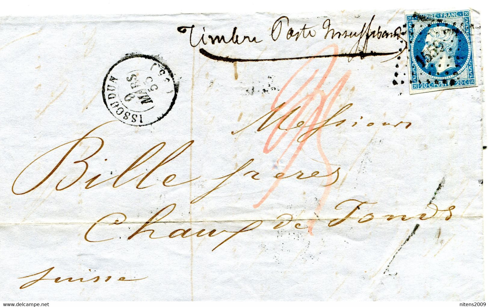 Lettre D'Issoudin /Chaux De Fonds Suisse Timbre Poste Insuffant Manucrit 9 Mars 1855 Taxe 35 Centimes TB - 1849-1876: Periodo Clásico