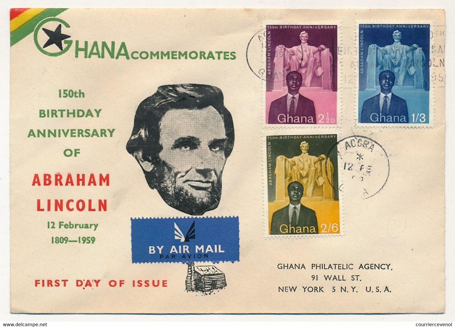 GHANA - 3 Valeurs "150eme Anniversaire Naissance D'Abraham Lincoln" Sur Enveloppe FDC - Accra - 12 Fev. 1959 - Ghana (1957-...)