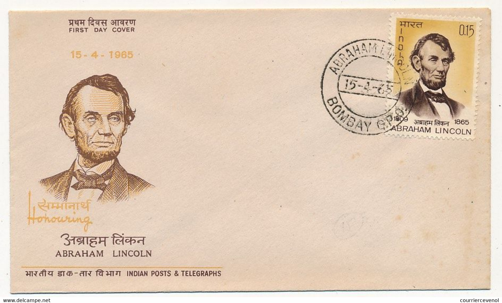 INDE => Enveloppe FDC => Président Abraham LINCOLN - Premier Jour - BOMBAY - 15 Avril 1985 - FDC