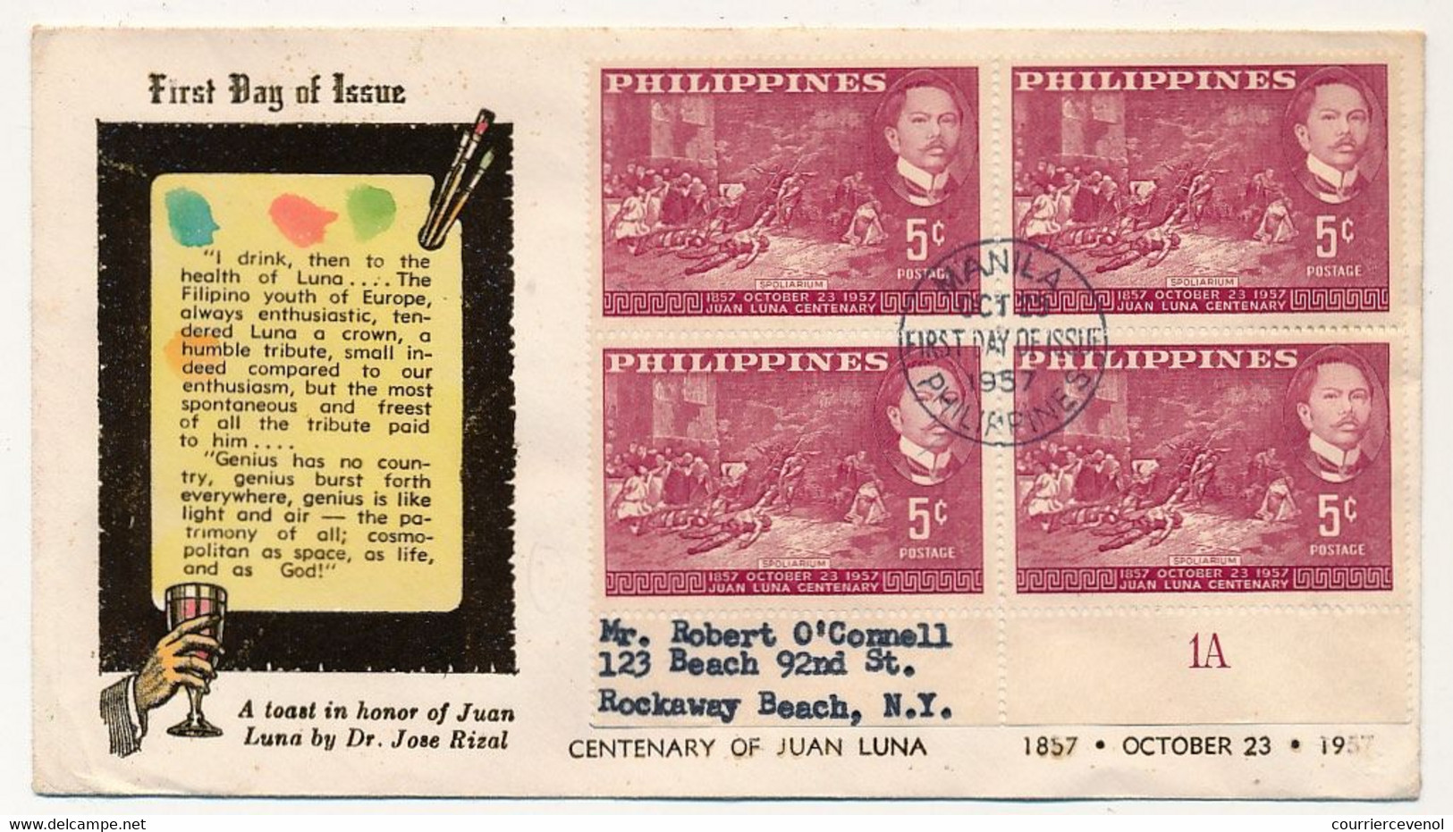 PHILIPPINES  => Enveloppe FDC => Juan Luna Centenary  (bloc De 4) - Manille - 29 Octobre 1957 - Philippines