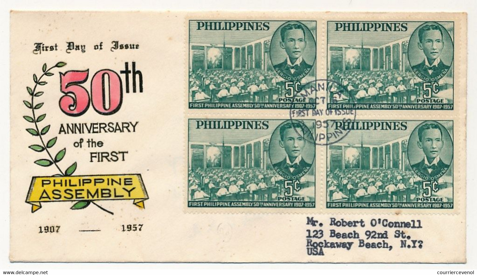 PHILIPPINES  => Enveloppe FDC => First Philippines Assembly - Sergio Osmena (bloc De 4) - Manille - 16 Octobre 1957 - Filippijnen