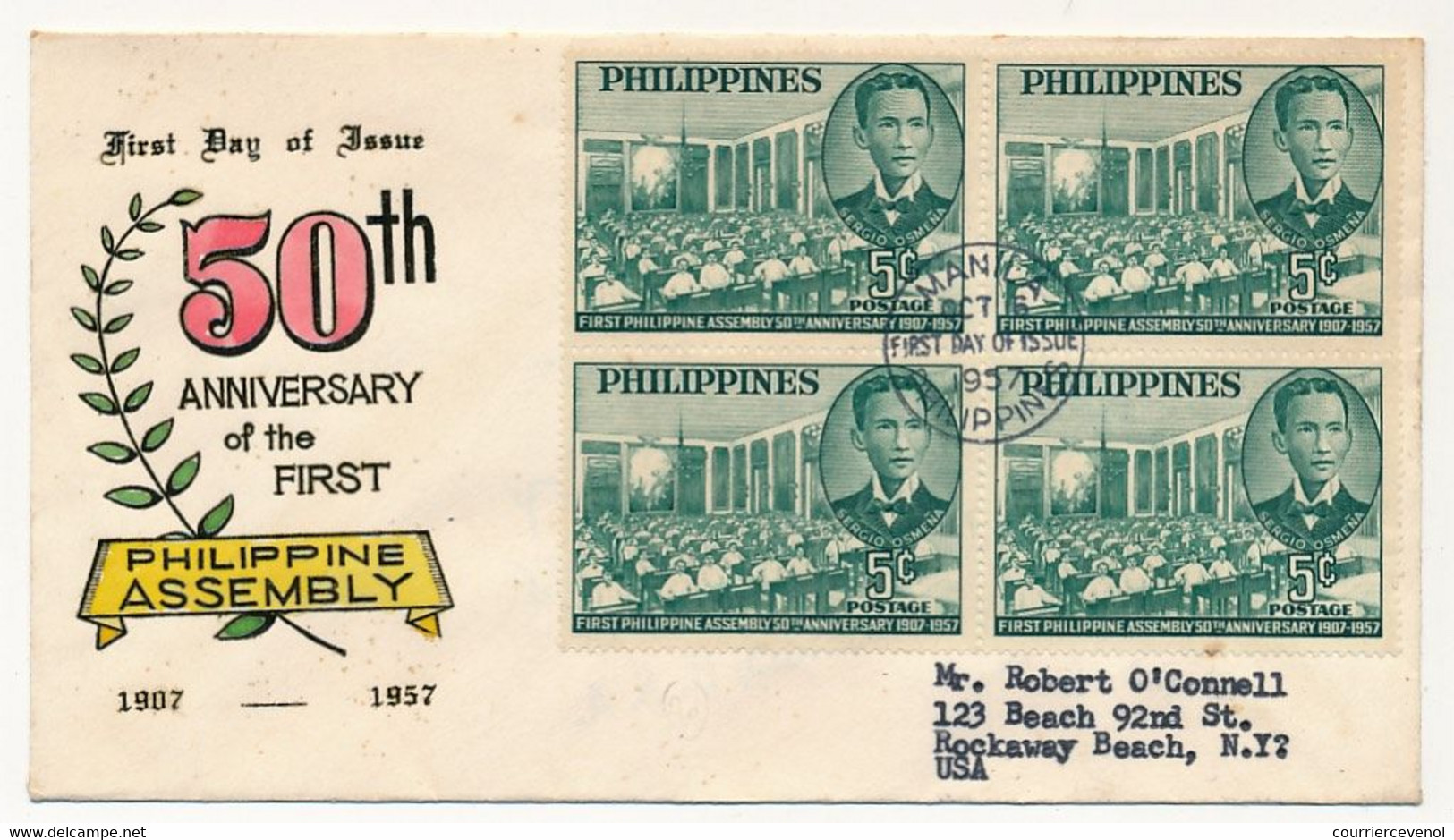 PHILIPPINES  => Enveloppe FDC => First Philippines Assembly - Sergio Osmena (bloc De 4) - Manille - 16 Octobre 1957 - Filipinas