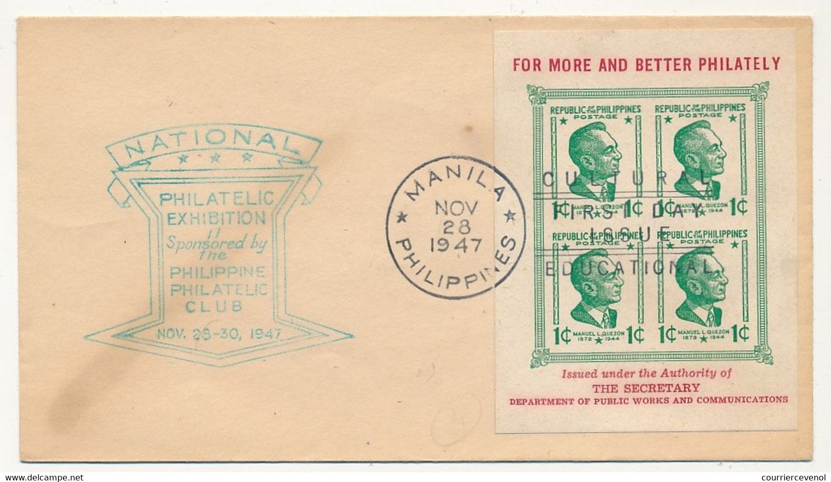 PHILIPPINES  => Enveloppe FDC => Manuel L. QUEZON (bloc Feuillet) - Manille - 28 Nov 1947 - Philippines