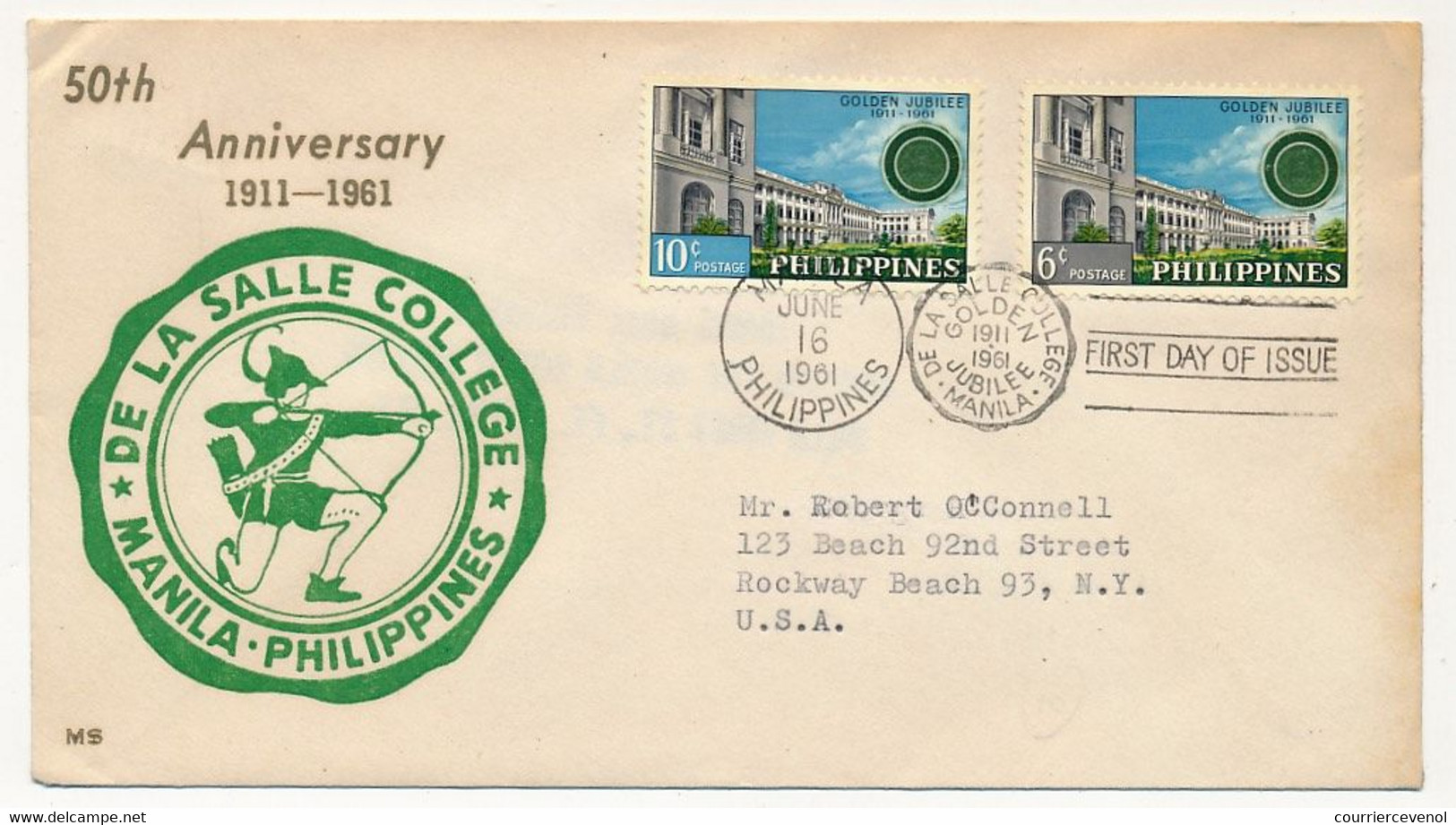 PHILIPPINES  => Enveloppe FDC => 50° Anniversaire Collège De La Salle - Manille - 16 Juin 1961 - Philippines