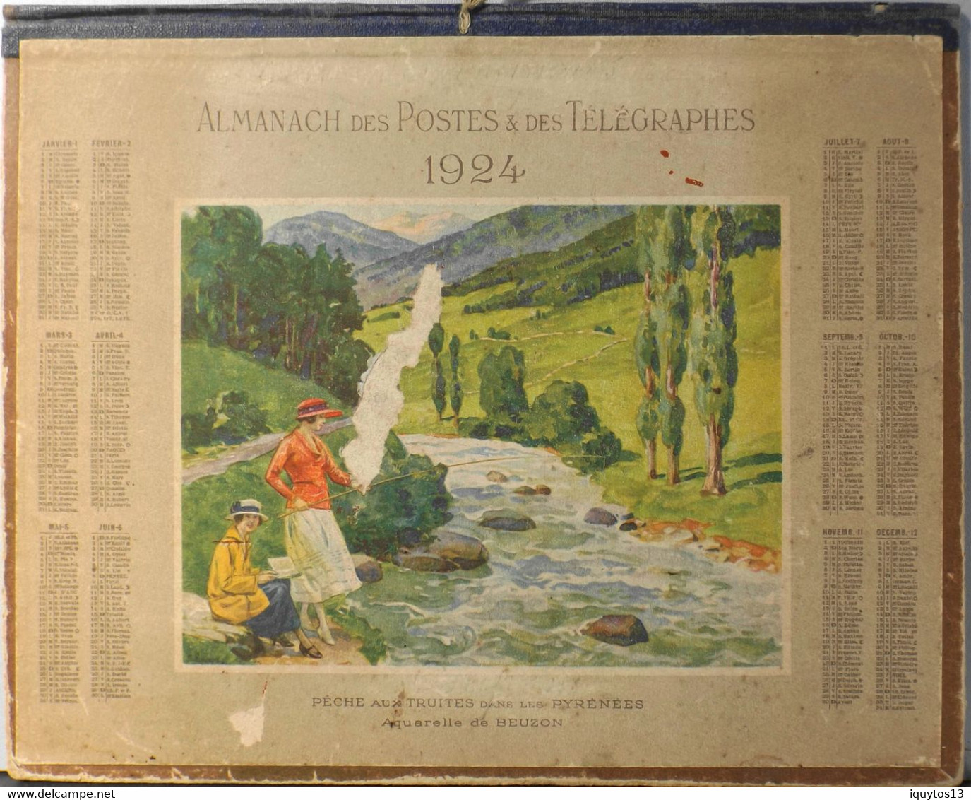 ALMANACH  ANCIEN  Des Postes & Des Télégraphes 1924 - Pêches Aux Truites Dans Les Pyrénées - Aquarelle De BEUZON - Grand Format : 1921-40