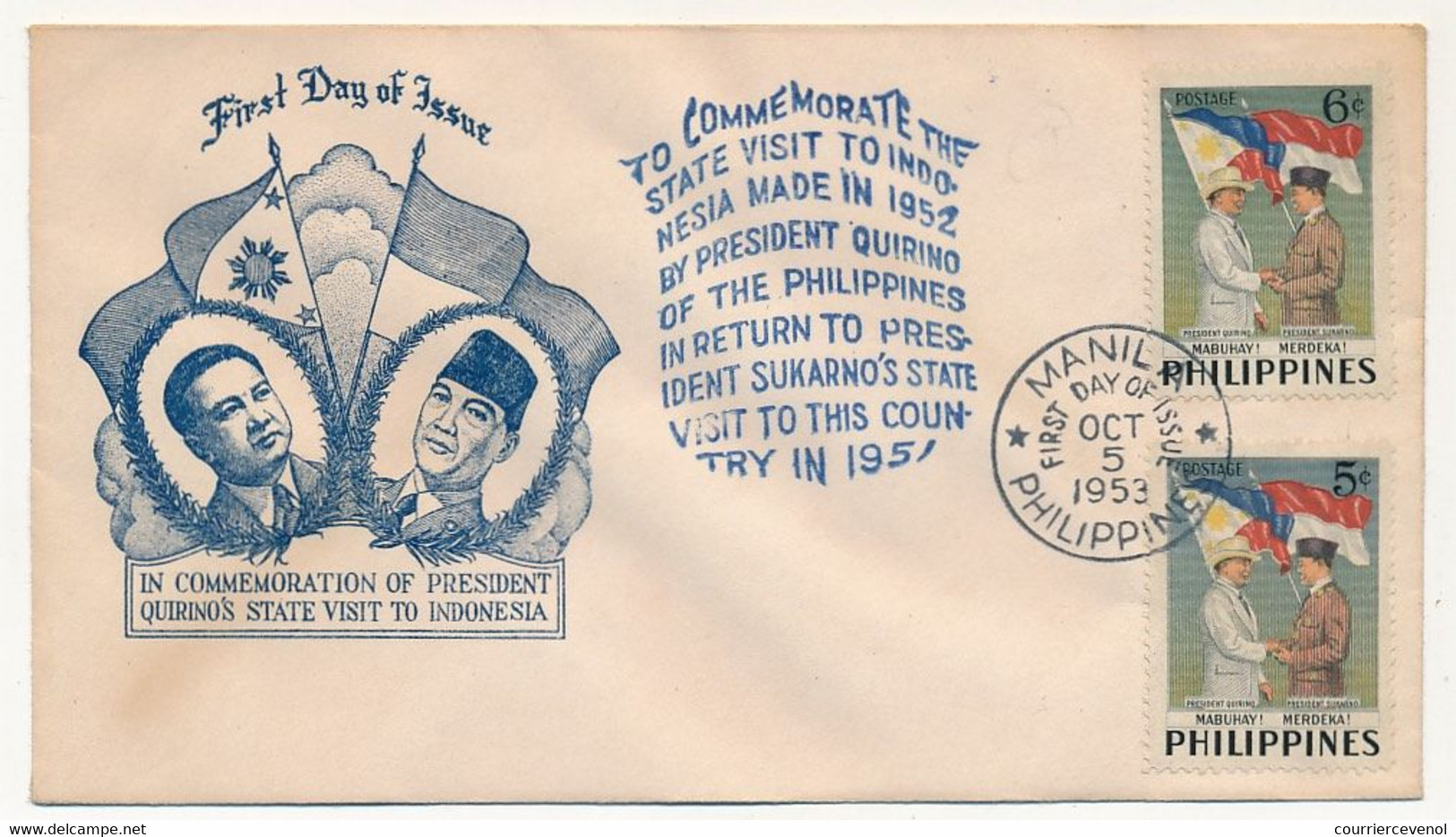 PHILIPPINES  => Enveloppe FDC => 2 Valeurs - Visite Du Président Quirino Aux Philippines - Manille - 5 Octobre 1952 - Filipinas