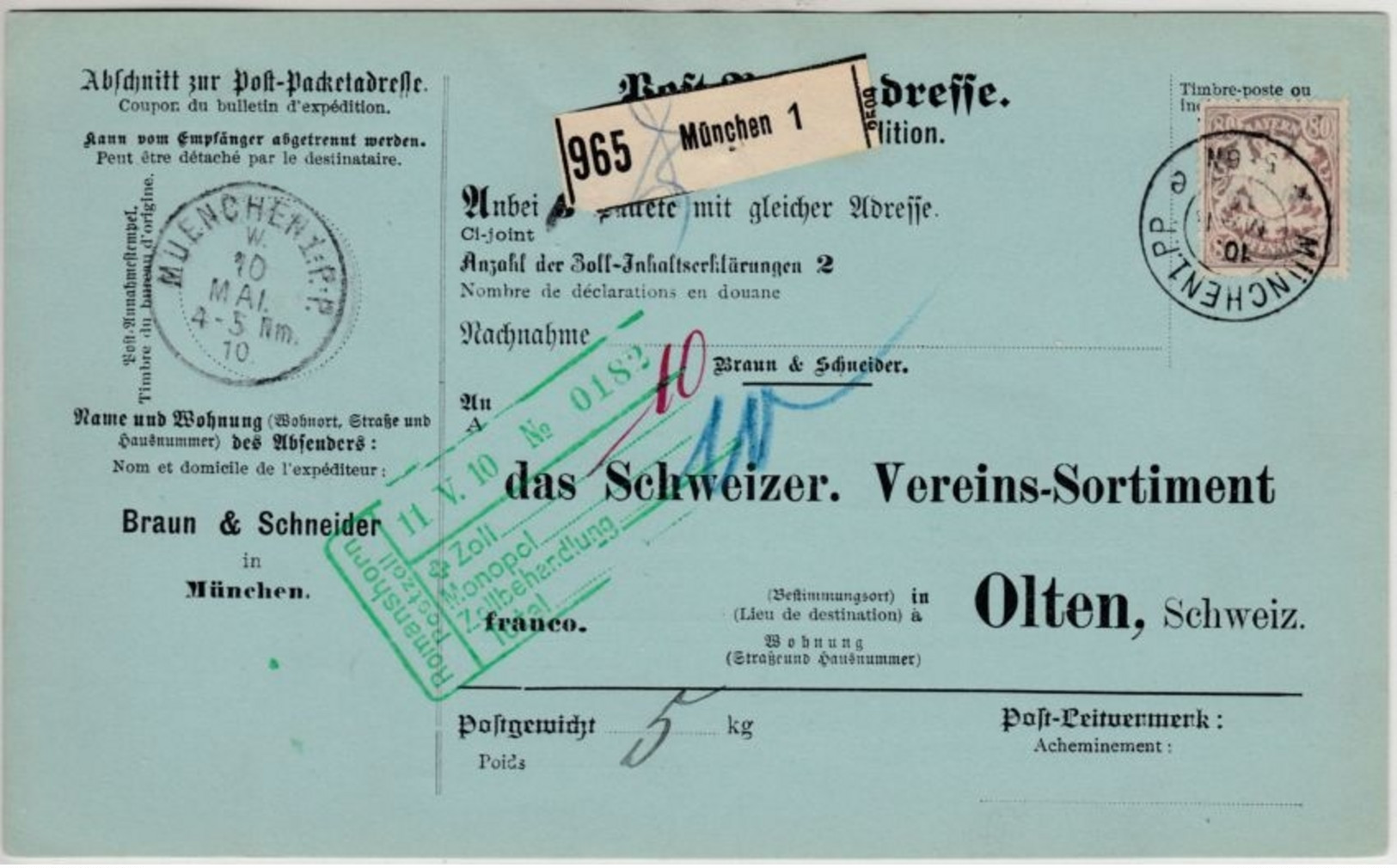 Bayern - 80 Pfg. Wappen, Paketkarte I.d. SCHWEIZ, München 1PP - Olten 1910 - Otros & Sin Clasificación