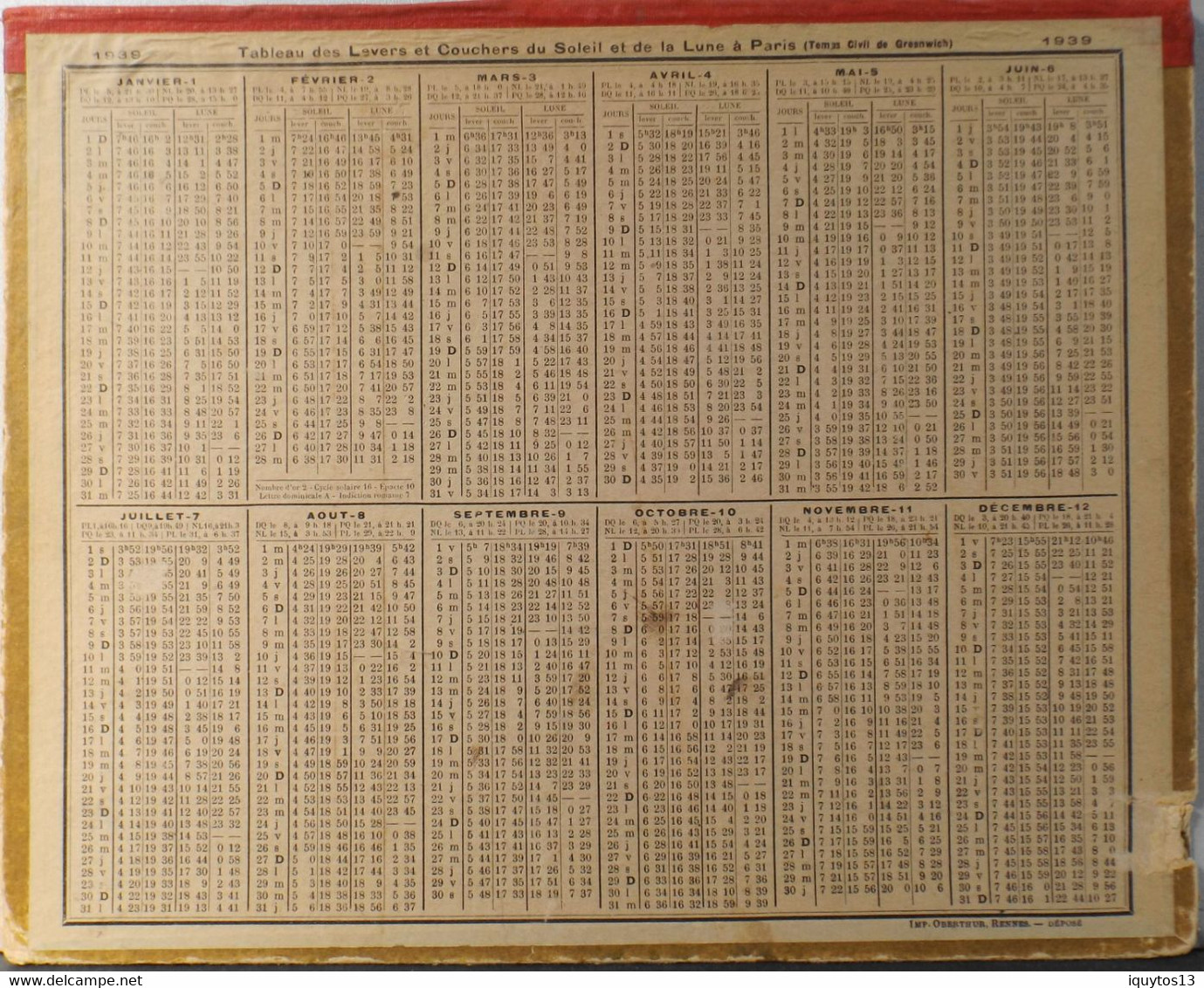 ALMANACH  ANCIEN  Des Postes & Des Télégraphes 1939 - OUESSANT Le MOULIN De LOQUELTAS - Grand Format : 1921-40