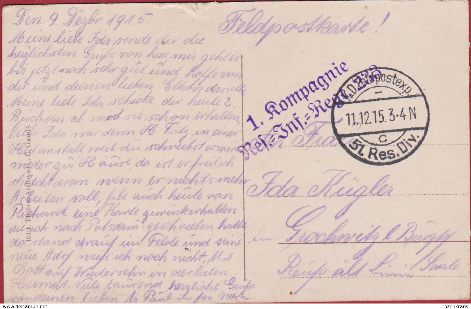 Ardooie Ardoye Statiestraat 1915 WW1 WWI World War 1 FELDPOST Soldatenbrief Bataillon Allemand ZELDZAAM - Ardooie