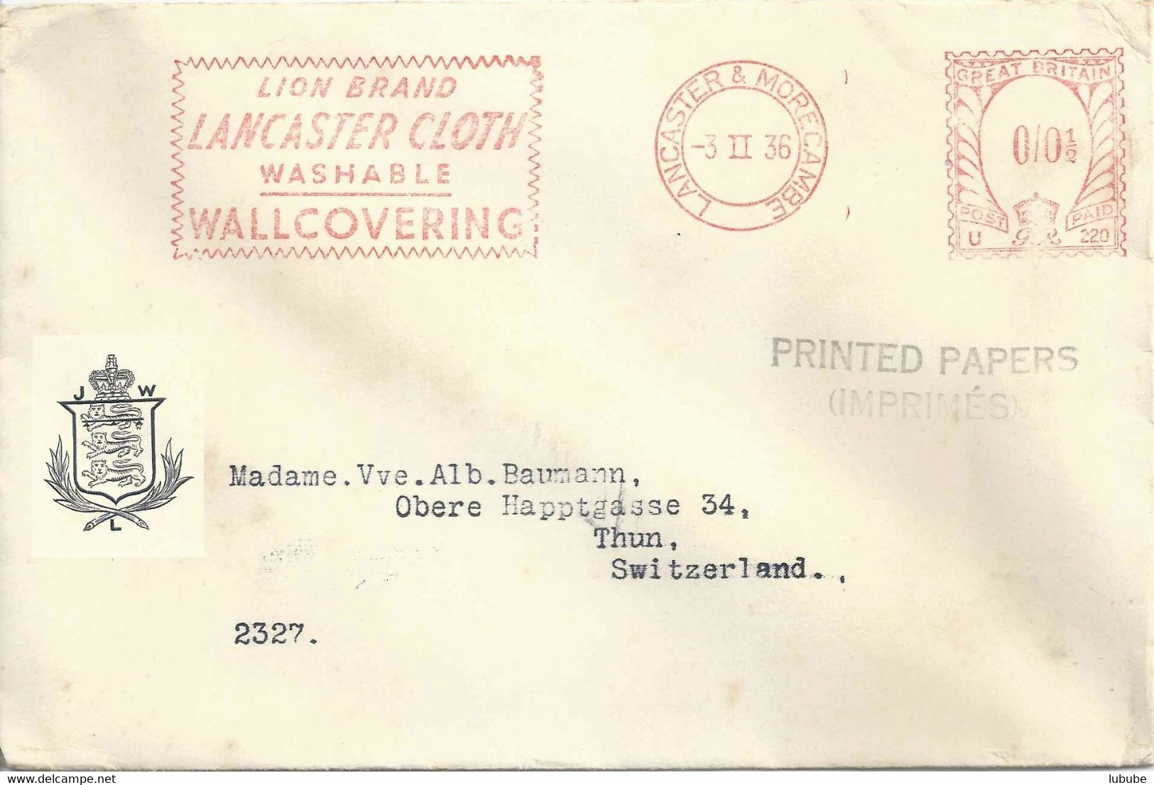 Drucksache  "Lion Brand Lancaster Cloth" - Thun             1936 - Cartas & Documentos