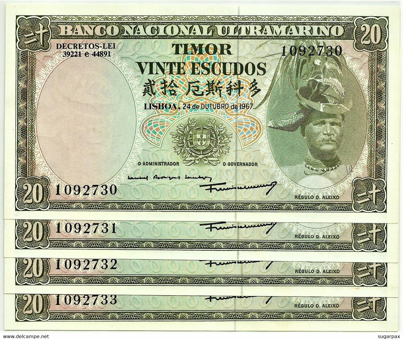 TIMOR - 4 X 20 ESCUDOS - 24.10.1967 - P 26 - Unc. - Sign. 7 - 7 Digits - REGULO D. ALEIXO - PORTUGAL - Timor