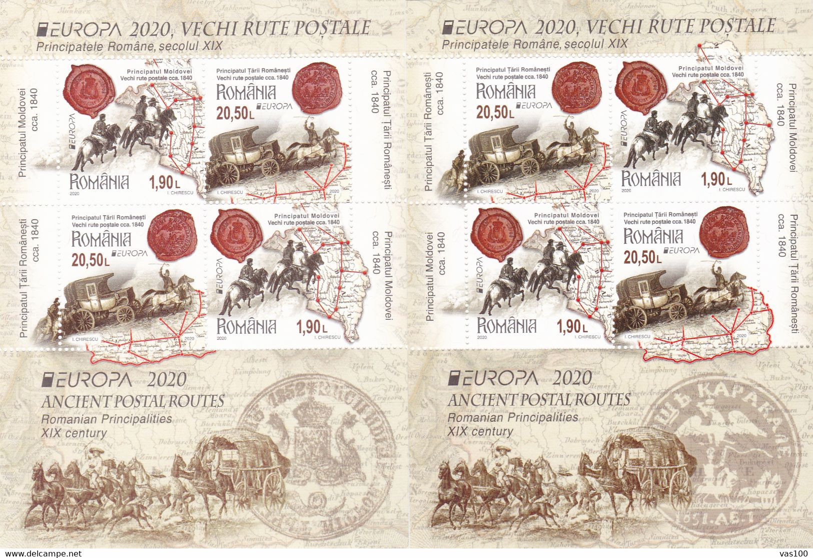 ROMANIA EUROPA CEPT - 2020 - Ancient Postal Routes -- M/S -Block,I +II, -with 4 Val (2 Sets) MNH**,EXTRA PRICE! - Full Sheets & Multiples