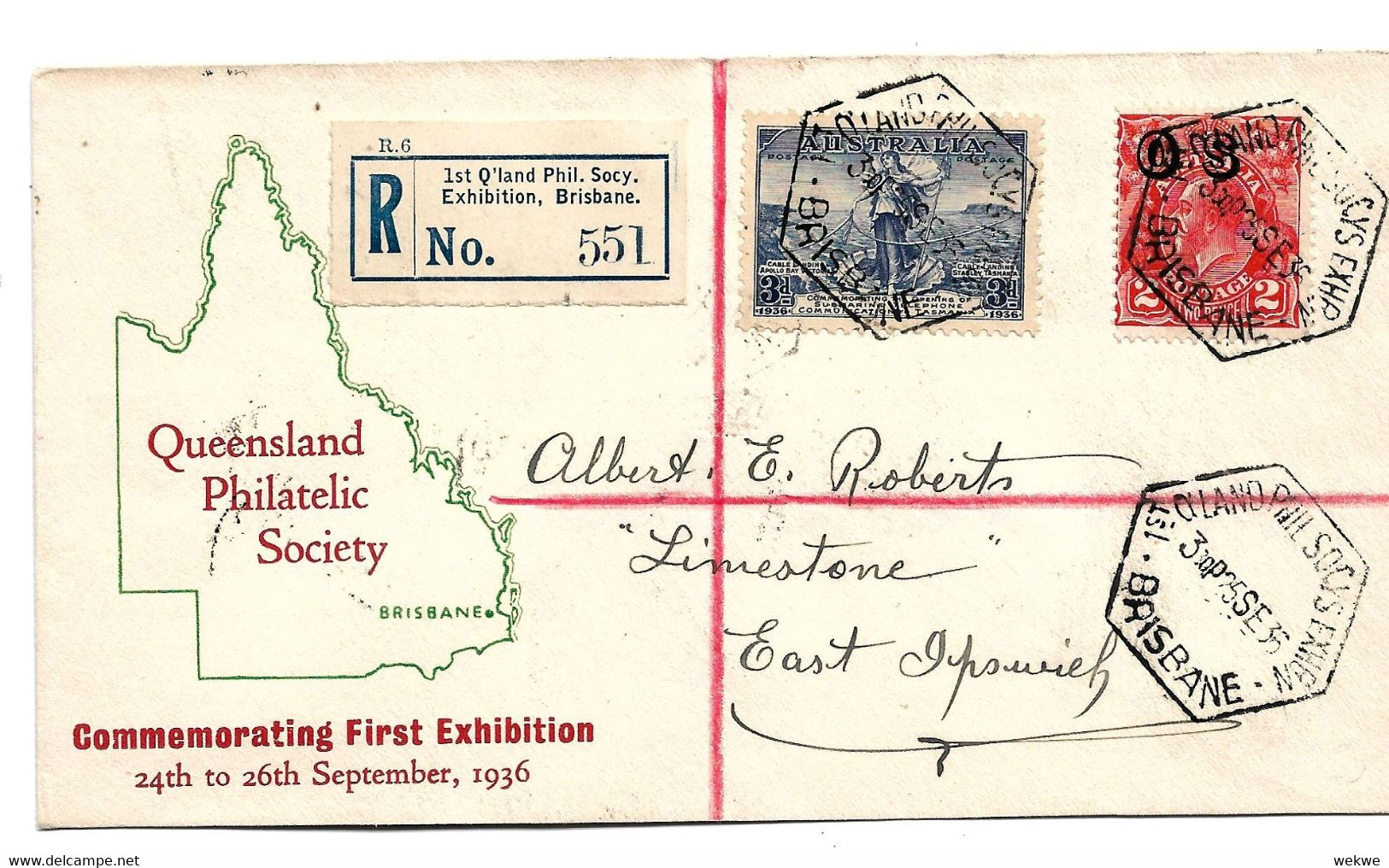 Aus309 / AUSTRALIEN - Ausstellung Brisbane Mit Sonderstempel Und R-Zettel 1936 Nach East Ipswich - Covers & Documents