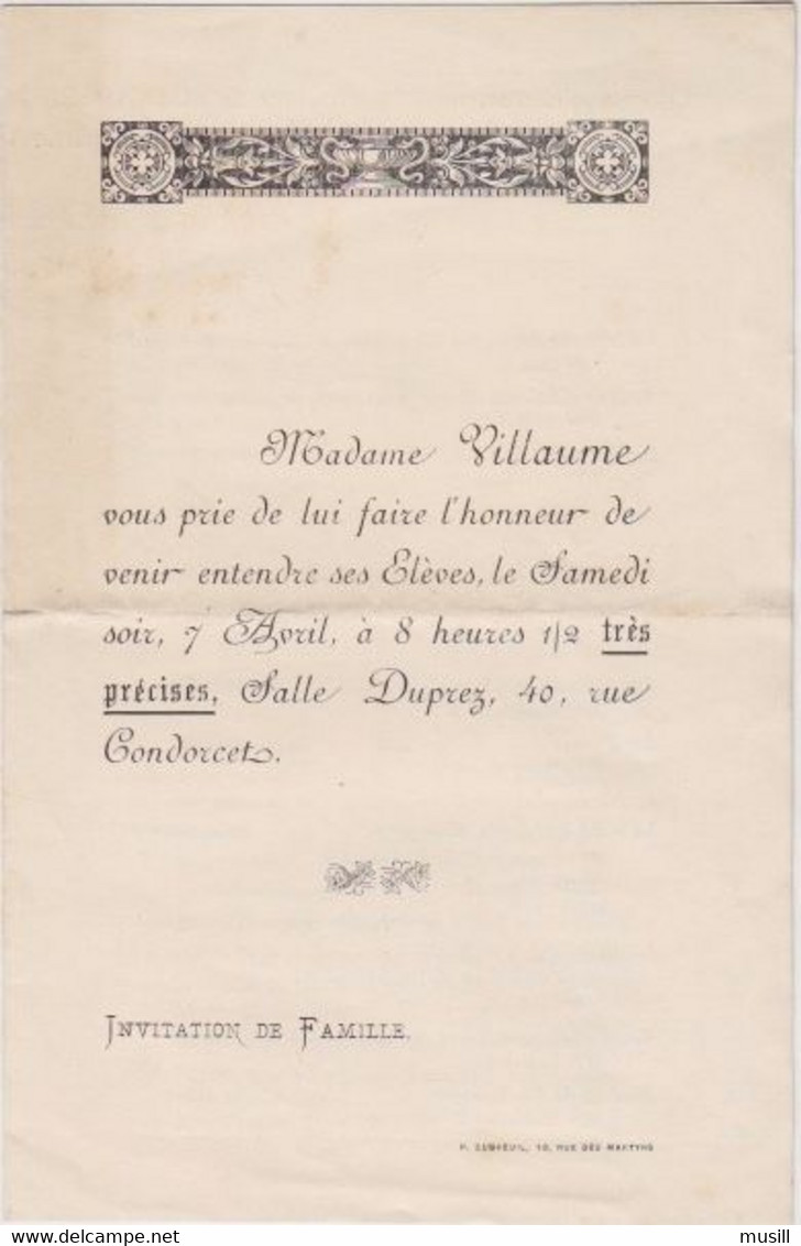 Invitation De Famille. Concert D'Elèves Salle Duprez, Avec Le Concours De MM.Armingaud Et Hussonmorel. 7 Avril 1888 - Programmes