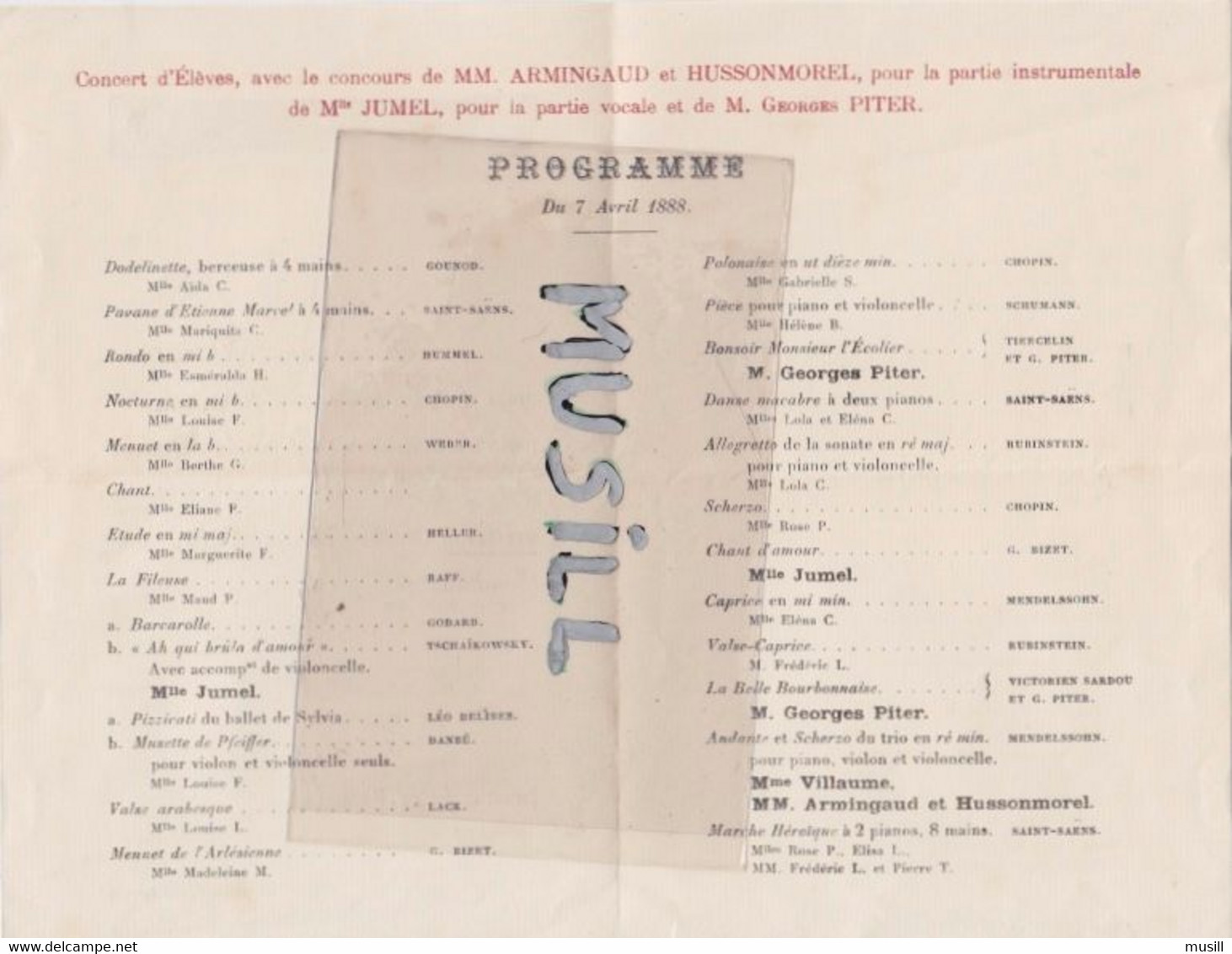 Invitation De Famille. Concert D'Elèves Salle Duprez, Avec Le Concours De MM.Armingaud Et Hussonmorel. 7 Avril 1888 - Programmes