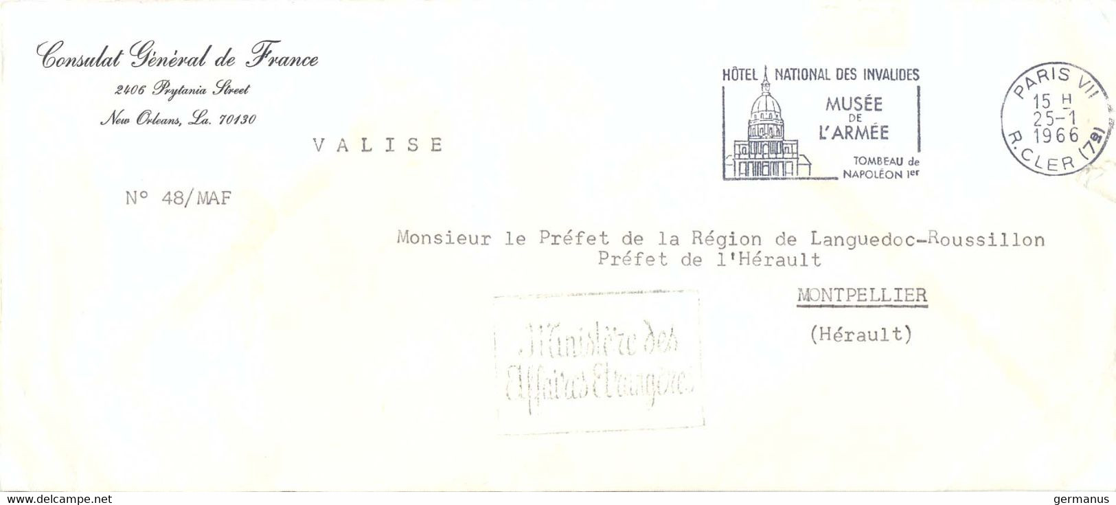 CONSULAT GÉNÉRAL DE FRANCE NEW ORLEANS  - VALISE – Cachet MINISTÈRE DES AFFAIRES ÉTRANGÈRES Pour L’HERAULT Du 25-1-1966 - 1961-....