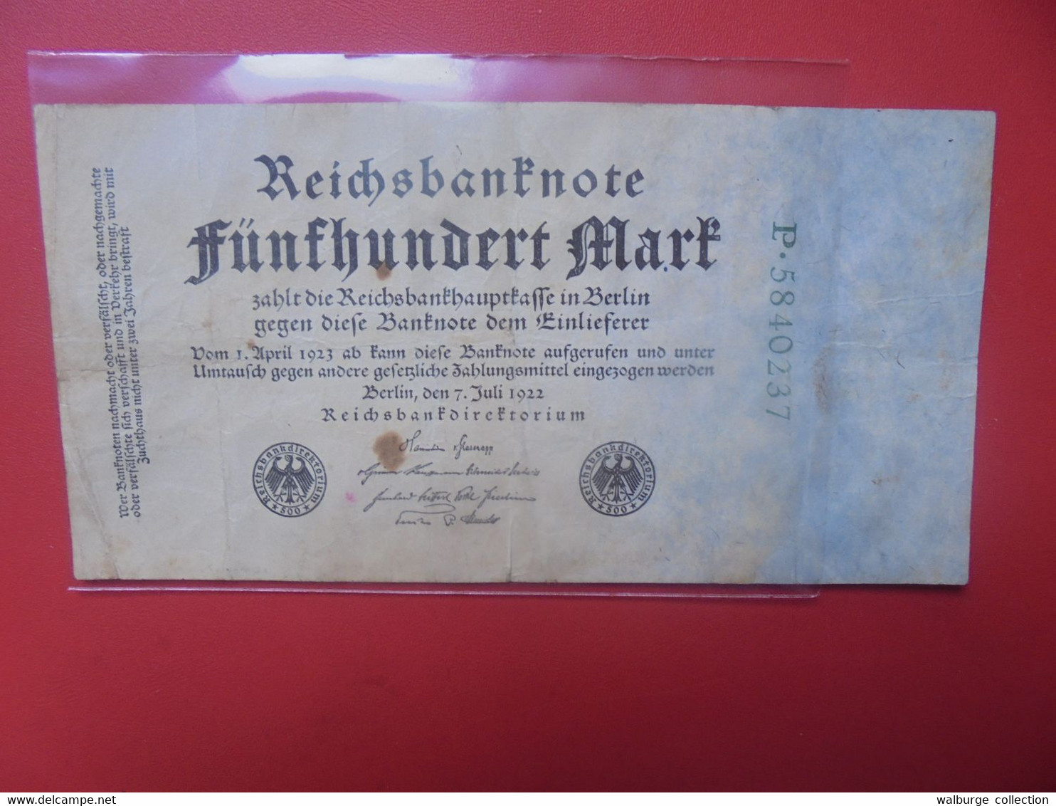 Reichsbanknote 500 Mark 1922 Circuler - 500 Mark