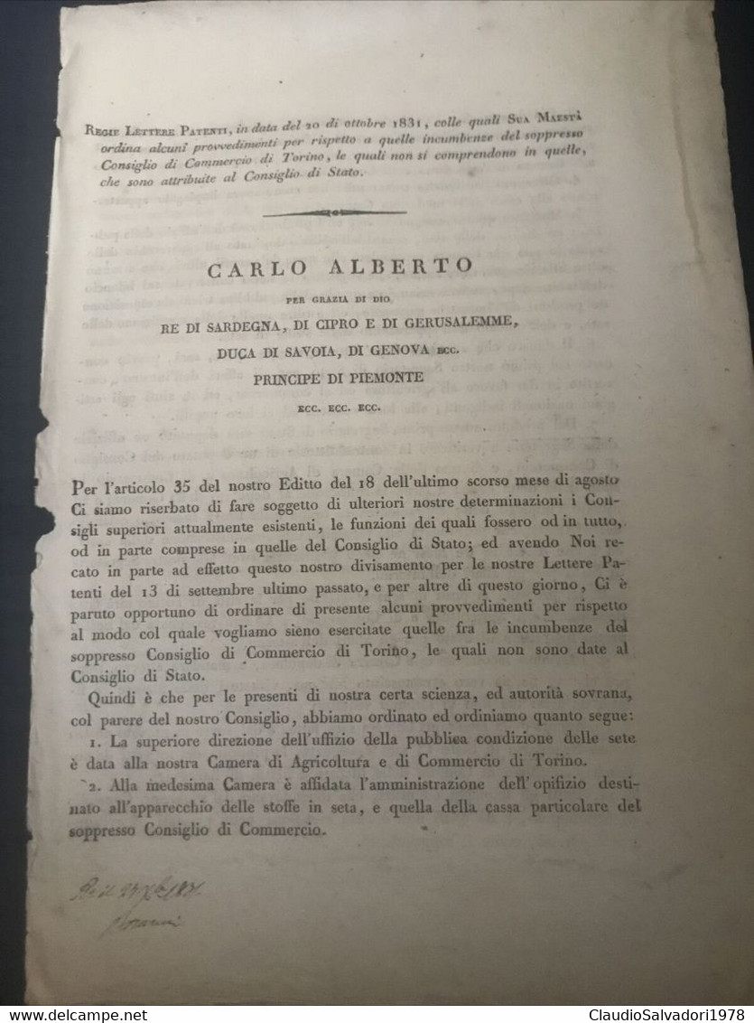 1831 ANTICO DOCUMENTO LETTERE PATENTI CARLO ALBERTO TORINO - Décrets & Lois