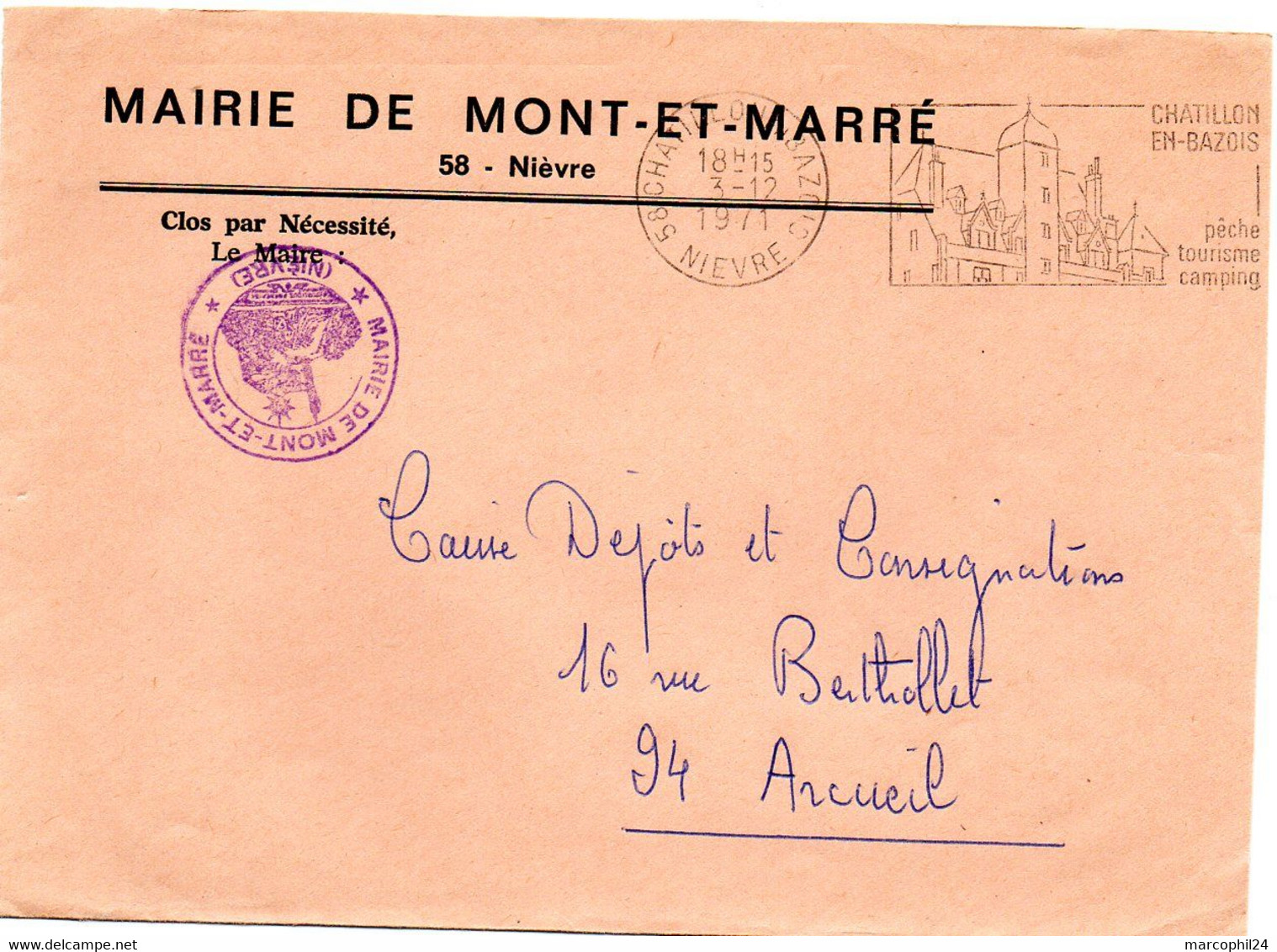 NIEVRE - Dépt N° 58 = MONT Et MARRE 1971 / FRANCHISE MAIRIE + FLAMME SECAP Illustrée De CHATILLON En BAZOIS - Frankobriefe