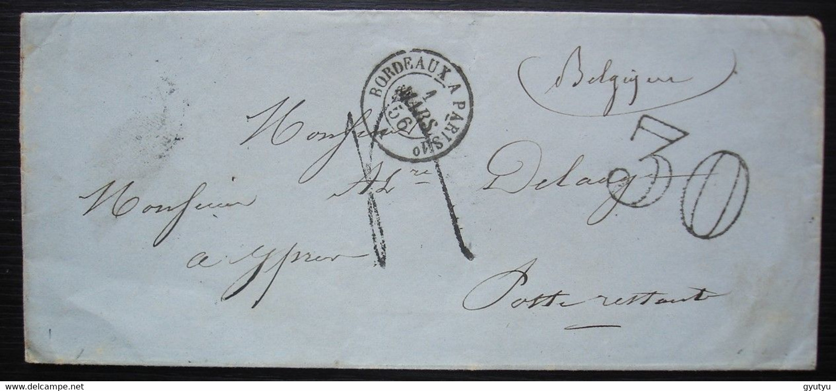 1856 Lettre Pour Ypres Belgique En Poste Restante, Taxée 30 Cad Bordeaux à Paris, Origine Libourne - 1849-1876: Classic Period