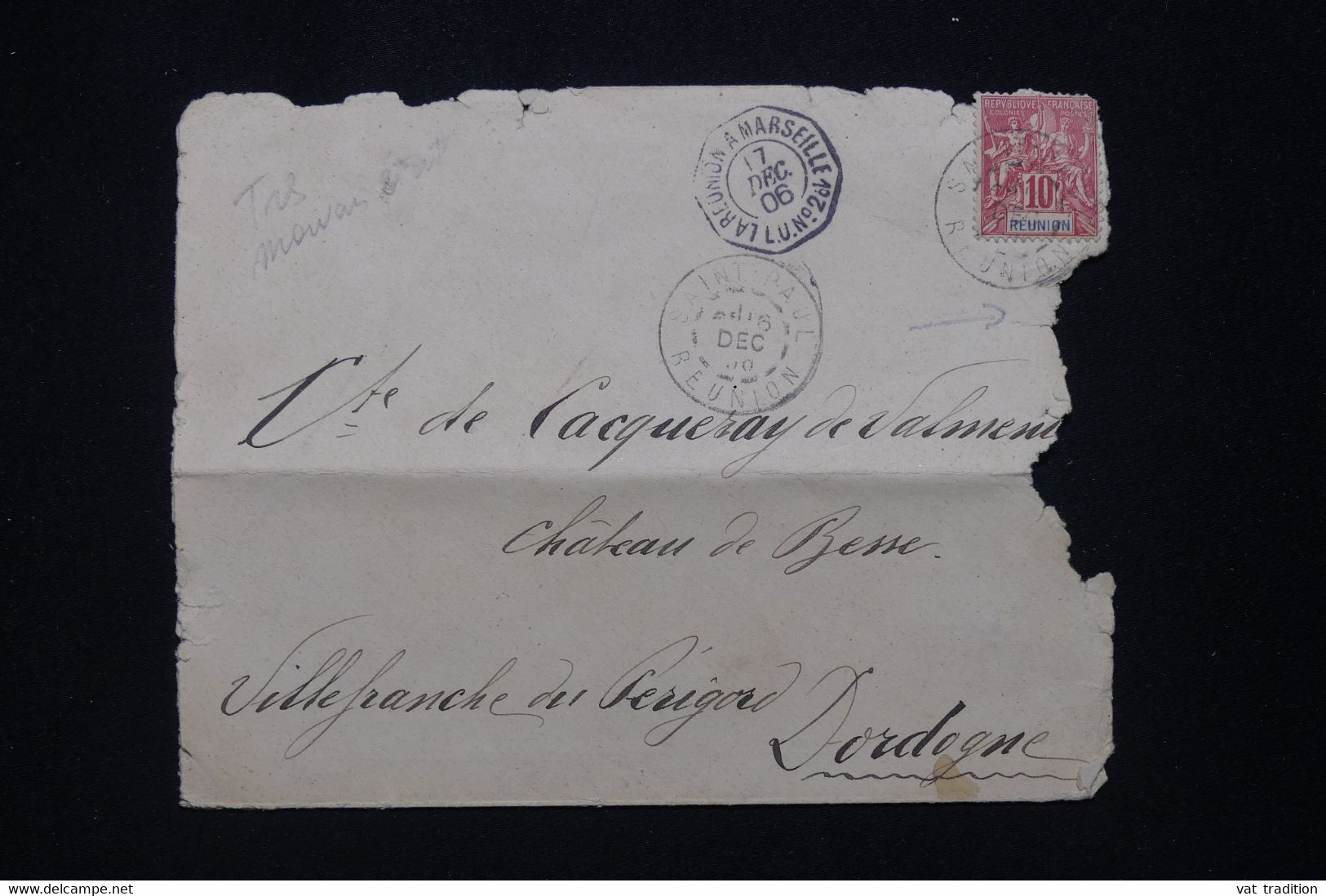 RÉUNION - Enveloppe De St Paul Pour La France En 1906, Aff. Groupe, Oblitération Ligne Maritime , Dans L’état - L 95977 - Lettres & Documents