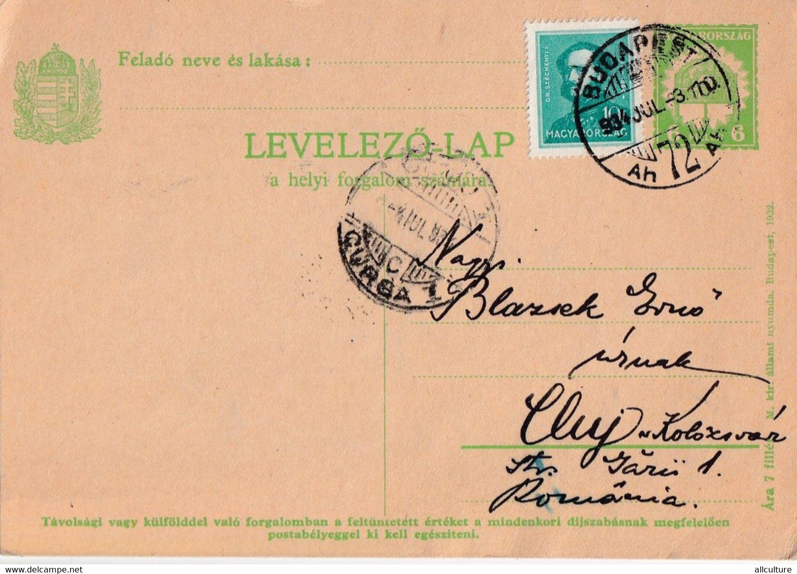 A4503-  LEVELOZO-LAP A HELYI FARGALOM SZAMARA, Magyarorszag, Budapest 1934 Sent To Cluj, Hungary Used Postal Stationery - Ganzsachen