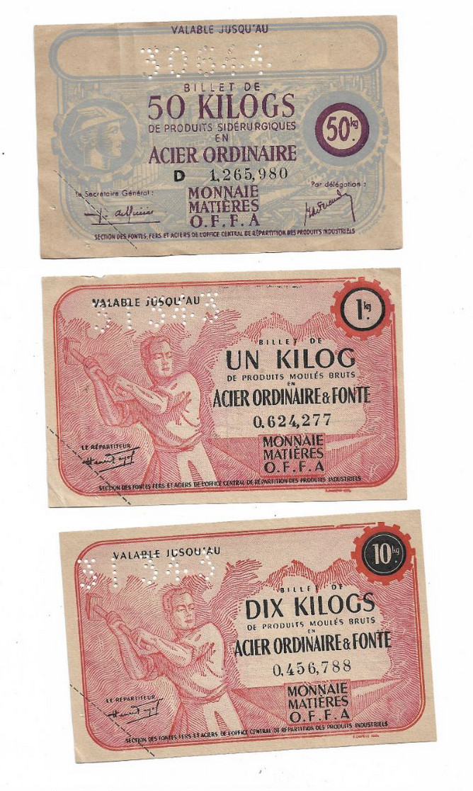 1943/44 Lot De 3 Billets De 1,   5 Et 50 Kg  "produits Sidérurgiques En Acier... "  2 Modèles Différents    OFFA   Ref G - Notgeld