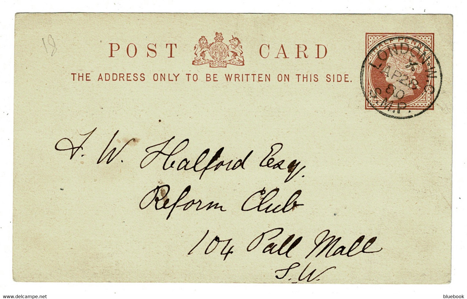 Ref 1481 - GB 1880 Postal Stationery Card - Superb London W.C. / S.M.P Postmark - Storia Postale