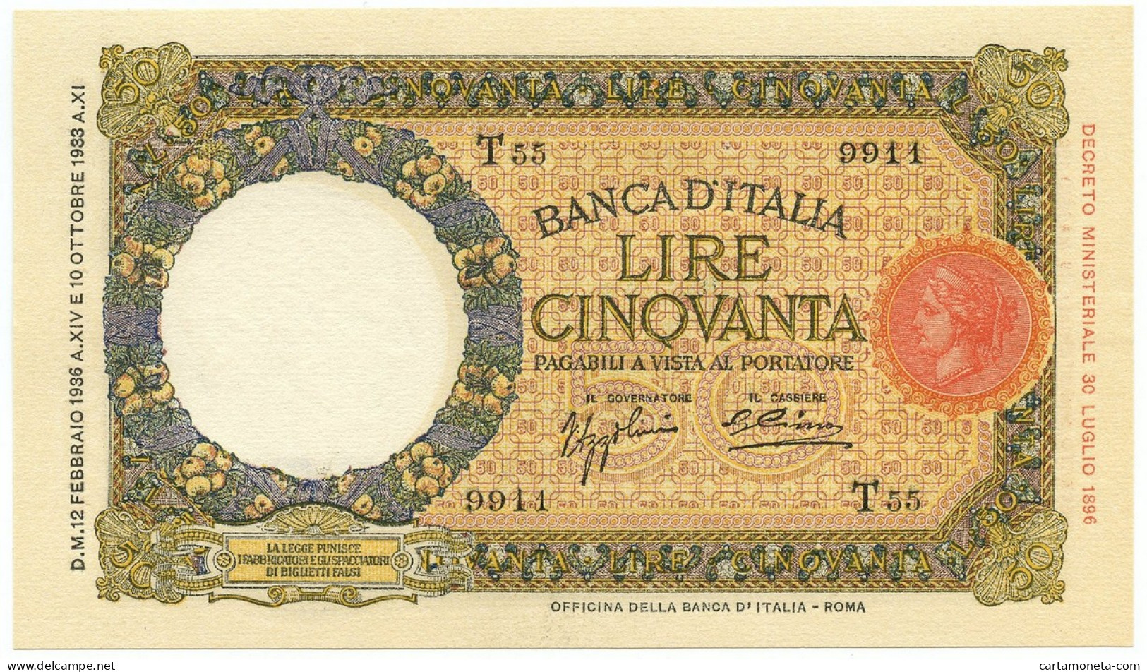 50 LIRE CAPRANESI LUPA CAPITOLINA MARGINE LARGO FASCIO ROMA 12/02/1936 SUP+ - Regno D'Italia - Altri