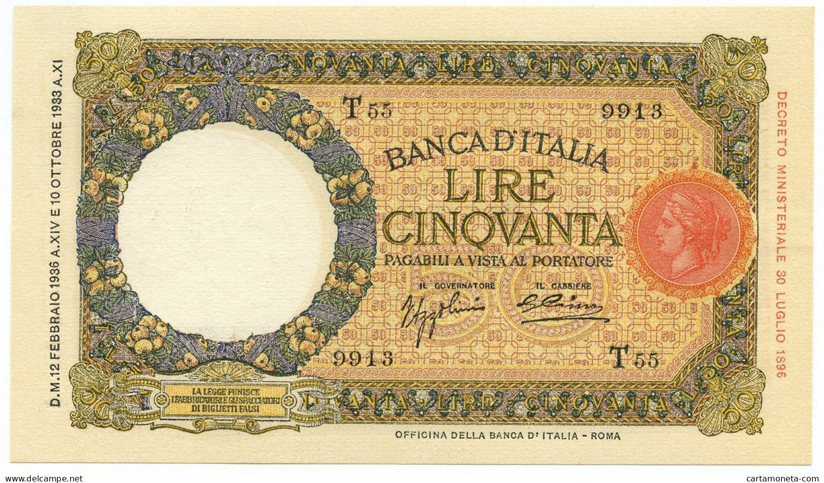 50 LIRE CAPRANESI LUPA CAPITOLINA MARGINE LARGO FASCIO ROMA 12/02/1936 SUP+ - Regno D'Italia – Other