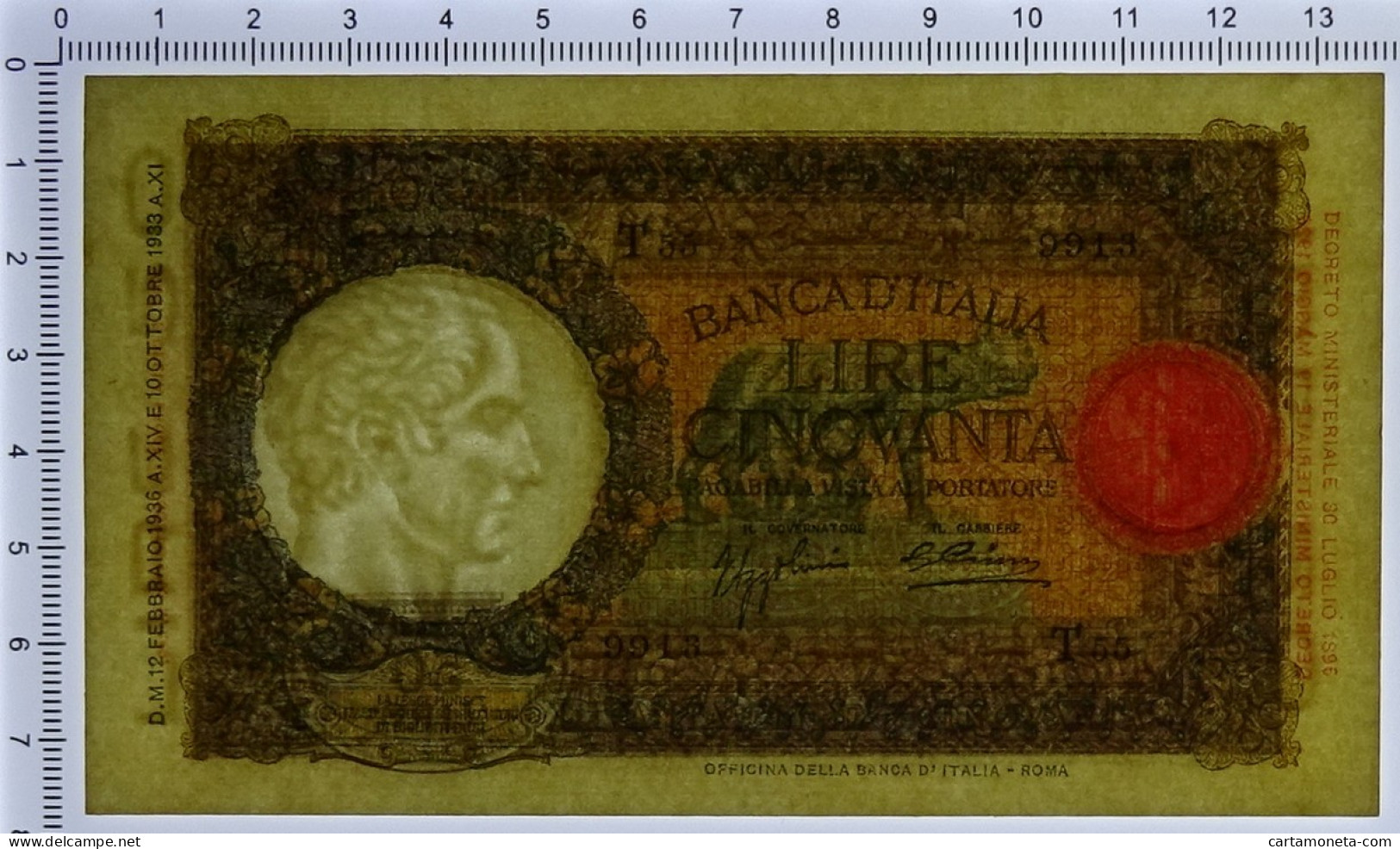 50 LIRE CAPRANESI LUPA CAPITOLINA MARGINE LARGO FASCIO ROMA 12/02/1936 SUP+ - Regno D'Italia – Other