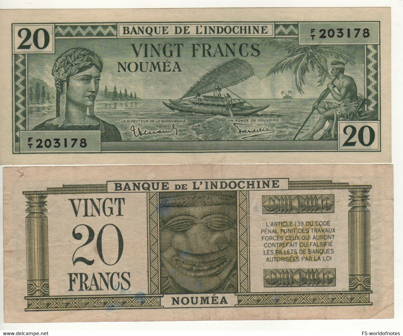 NEW CALEDONIA   20 Francs  P49 (Local Girl+boat & Fisherman At Front - Mask At Back) - Other - Oceania