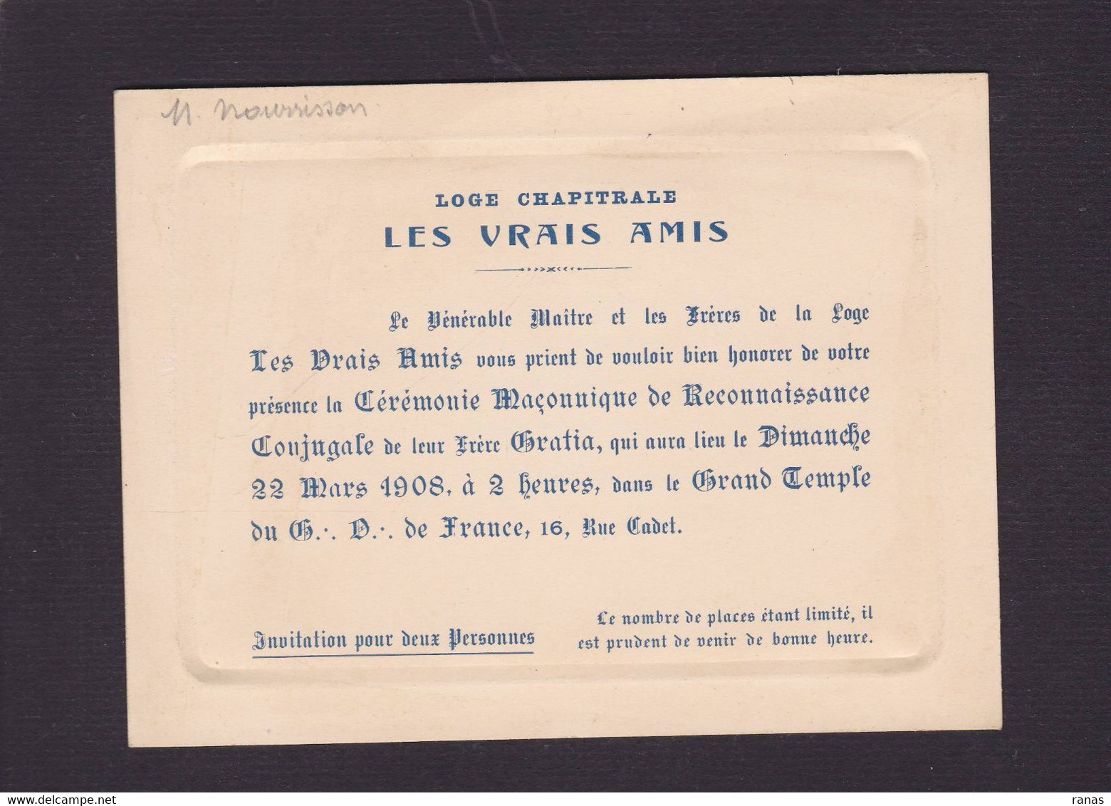 Invitation Franc Maçonnerie Masonic Maçonnique Non Circulé Grand Orient De France 1908 - Filosofia & Pensatori