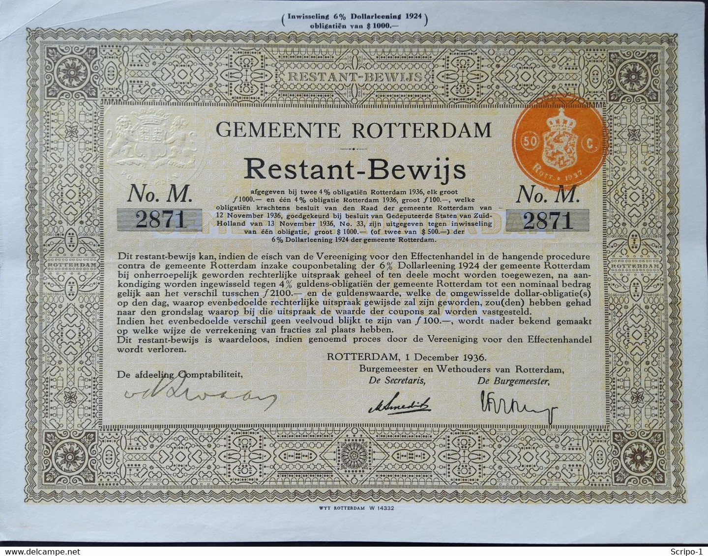 Gemeentelijke Lening Rotterdam 1936 Deco - Otros & Sin Clasificación