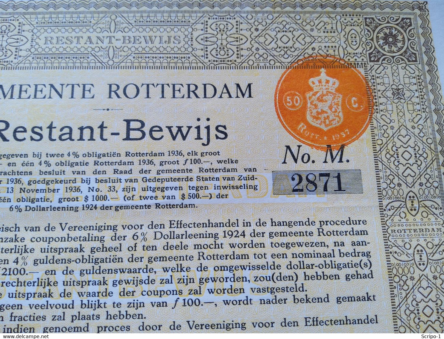 Gemeentelijke Lening Rotterdam 1936 Deco - Otros & Sin Clasificación