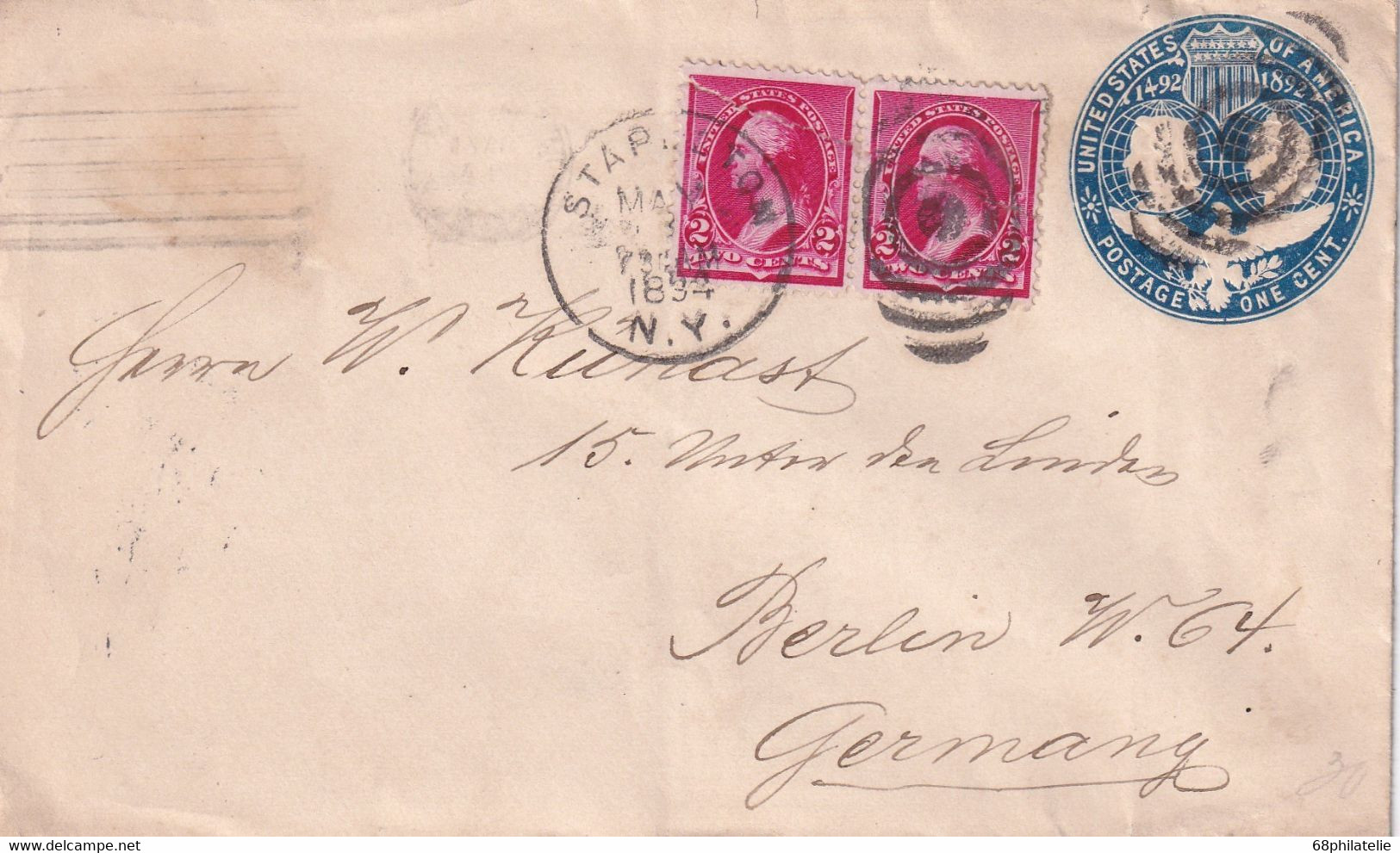 USA 1894     ENTIER POSTAL/GANZSACH/POSTAL STATIONARY  LETTRE DE STAPLETON - ...-1900