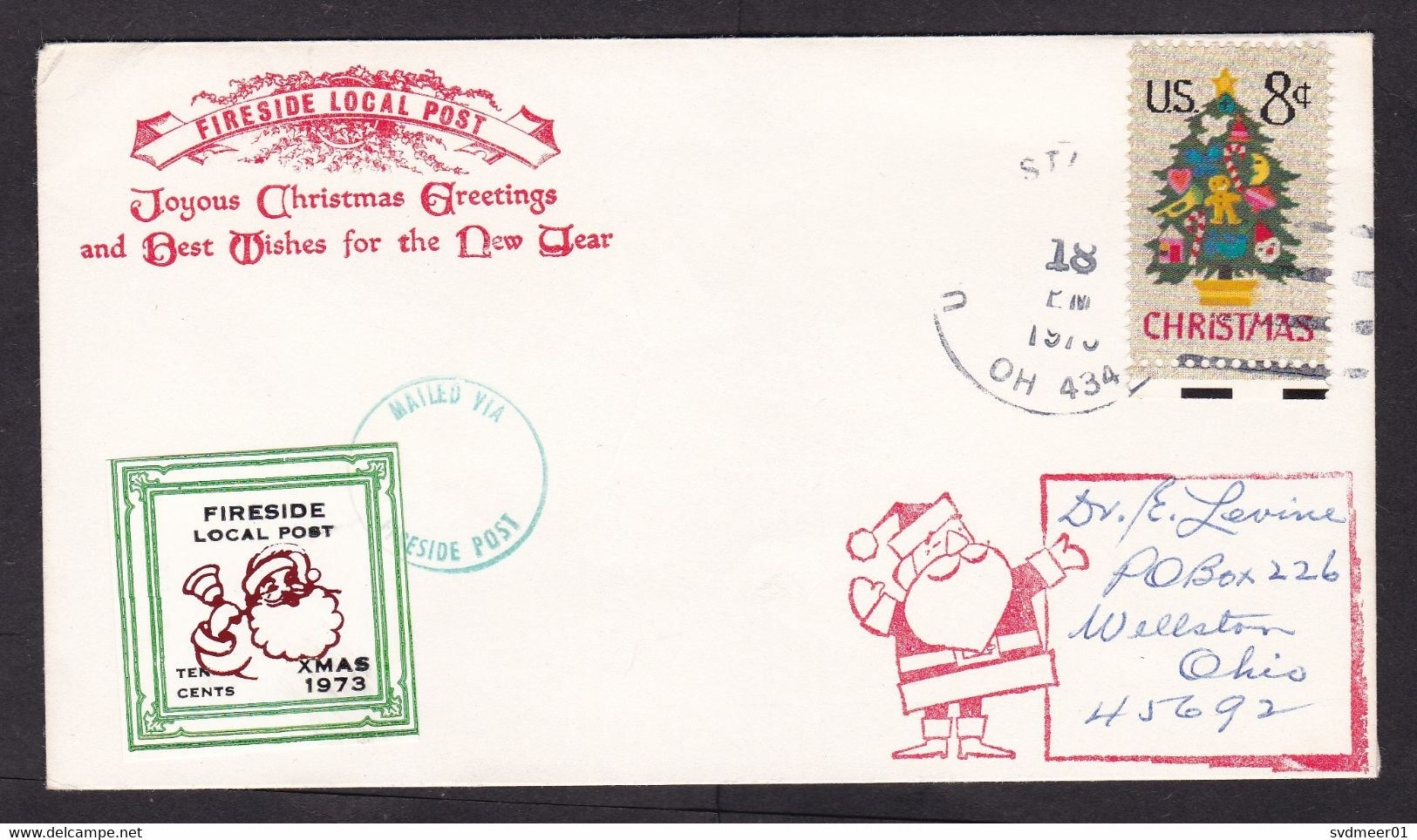 USA: Cover, 1970, 1 Stamp & Cinderella Label Fireside Local Post, Christmas, Santa Claus (minor Crease) - Brieven En Documenten