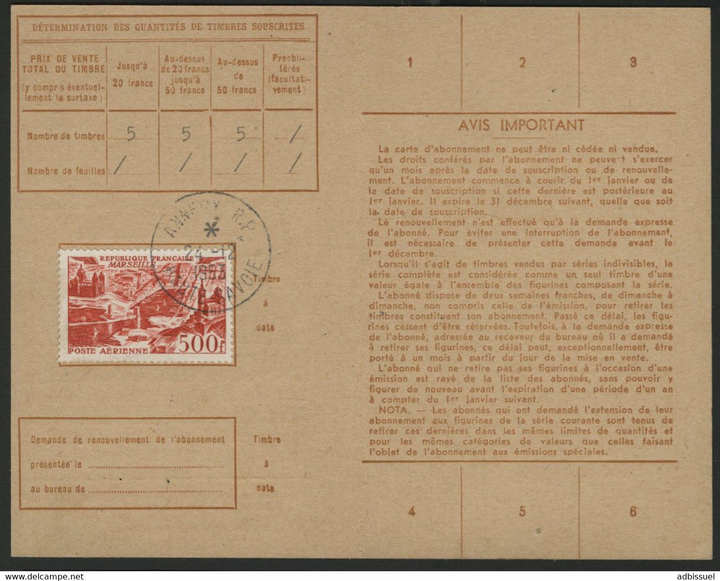 POSTE AERIENNE N° 27. 500 Fr Sur Carte D'abonnement Aux Timbres-poste, Oblitération C-à-d "ANNECY R.P. 24/12/52" - 1927-1959 Brieven & Documenten