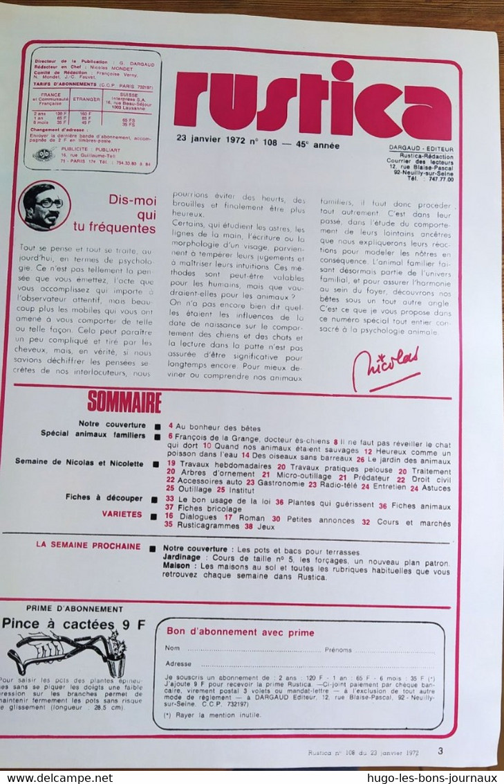 Rustica_N°108_23janvier 1972_spécial Animaux Familier_au Bonheur Des Bêtes - Garden