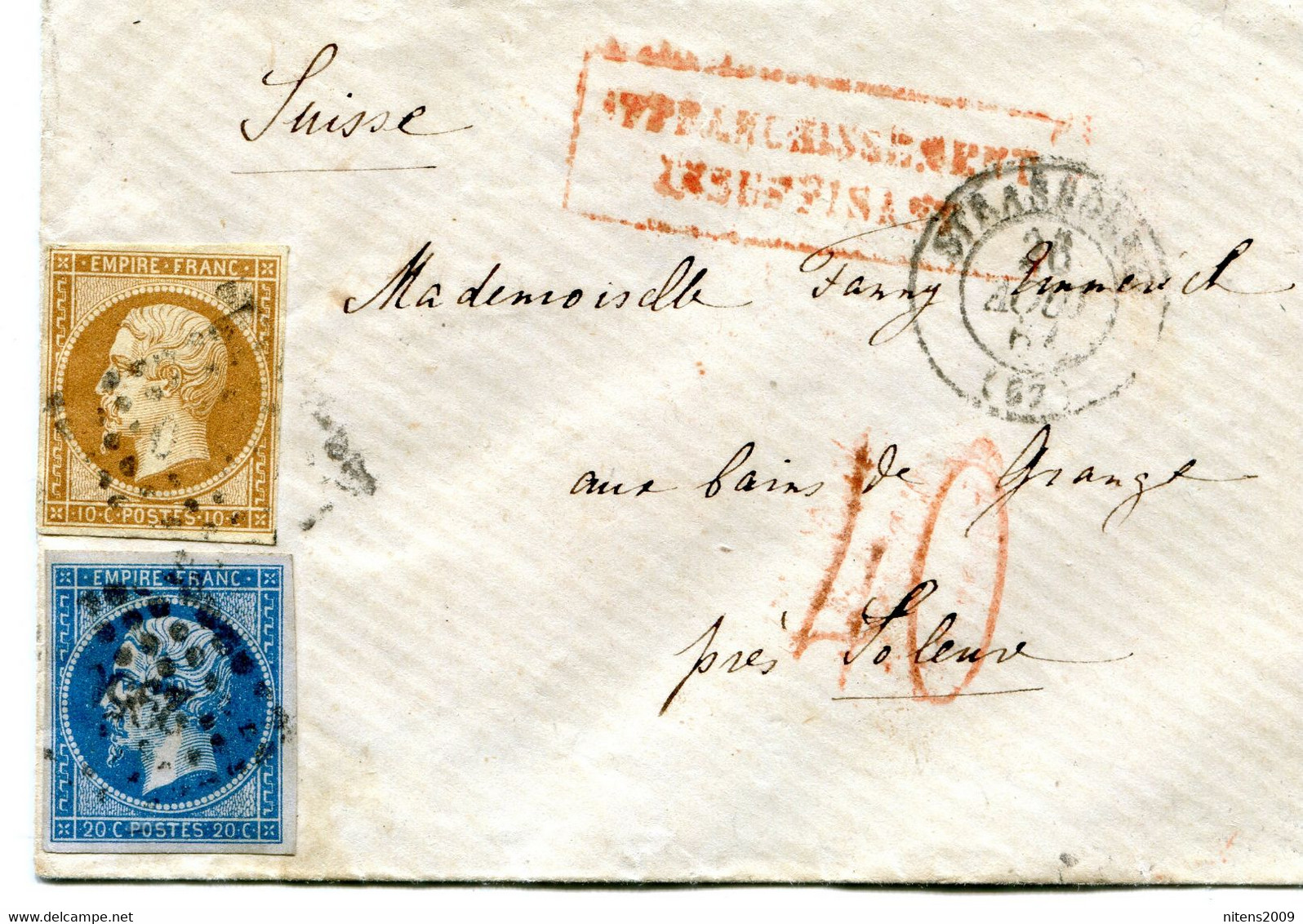 Enveloppe Stasbourg Pour Soleure Insuffisamment Affranchie à 30 C Taxée 40 C 2 Septembre 1857 Sup - 1849-1876: Classic Period