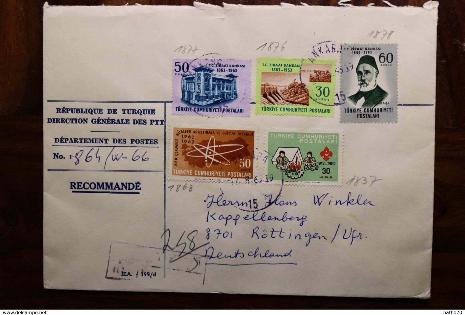 Turquie 1963 Recommandé Röttingen Türkei Air Mail Cover Par Avion Allemagne Turkey Türkiye - Covers & Documents