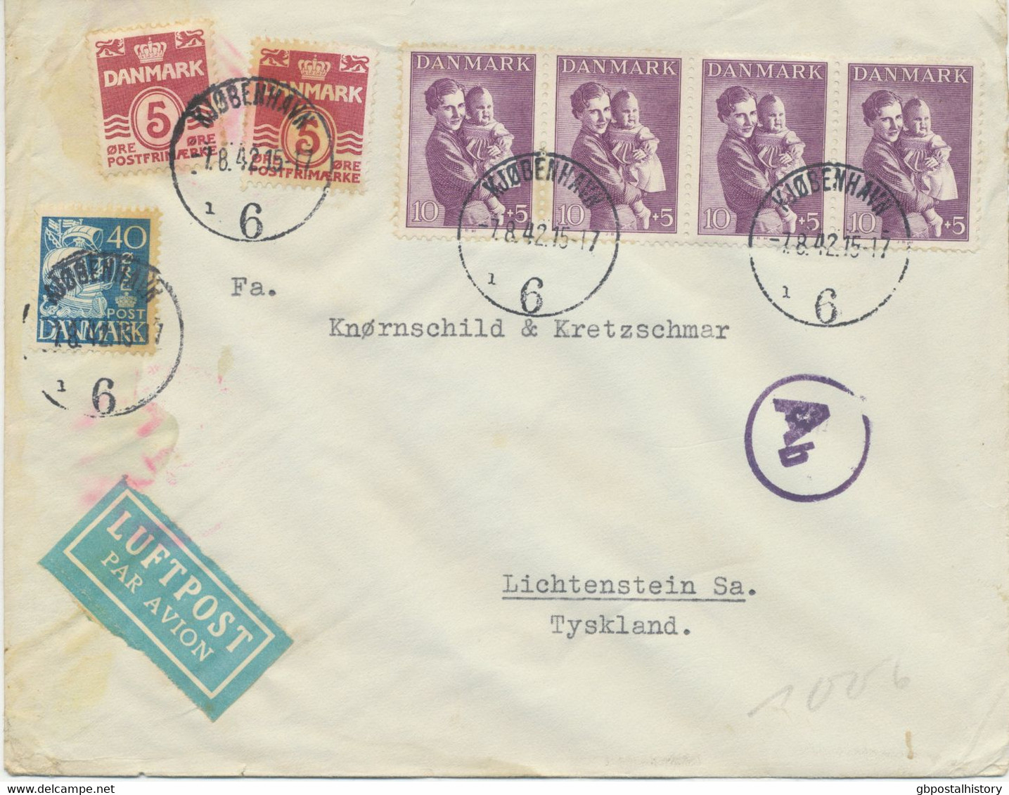 DÄNEMARK 1942 Kinderhilfe 10+5Ö (4 X) M Zusatzfrankatur Pra.-Luftpost-NAZI-Zensur-Brief Von KOPENHAGEN Nach LICHTENSTEIN - Poste Aérienne